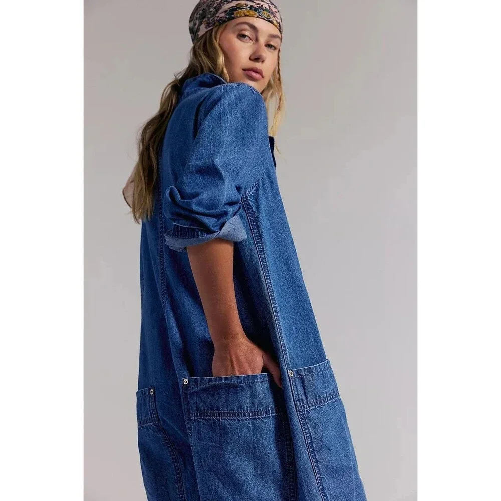 Free People We The Free Margarita Jumpsuit Utility Rigid Denim Wide Leg S 288857